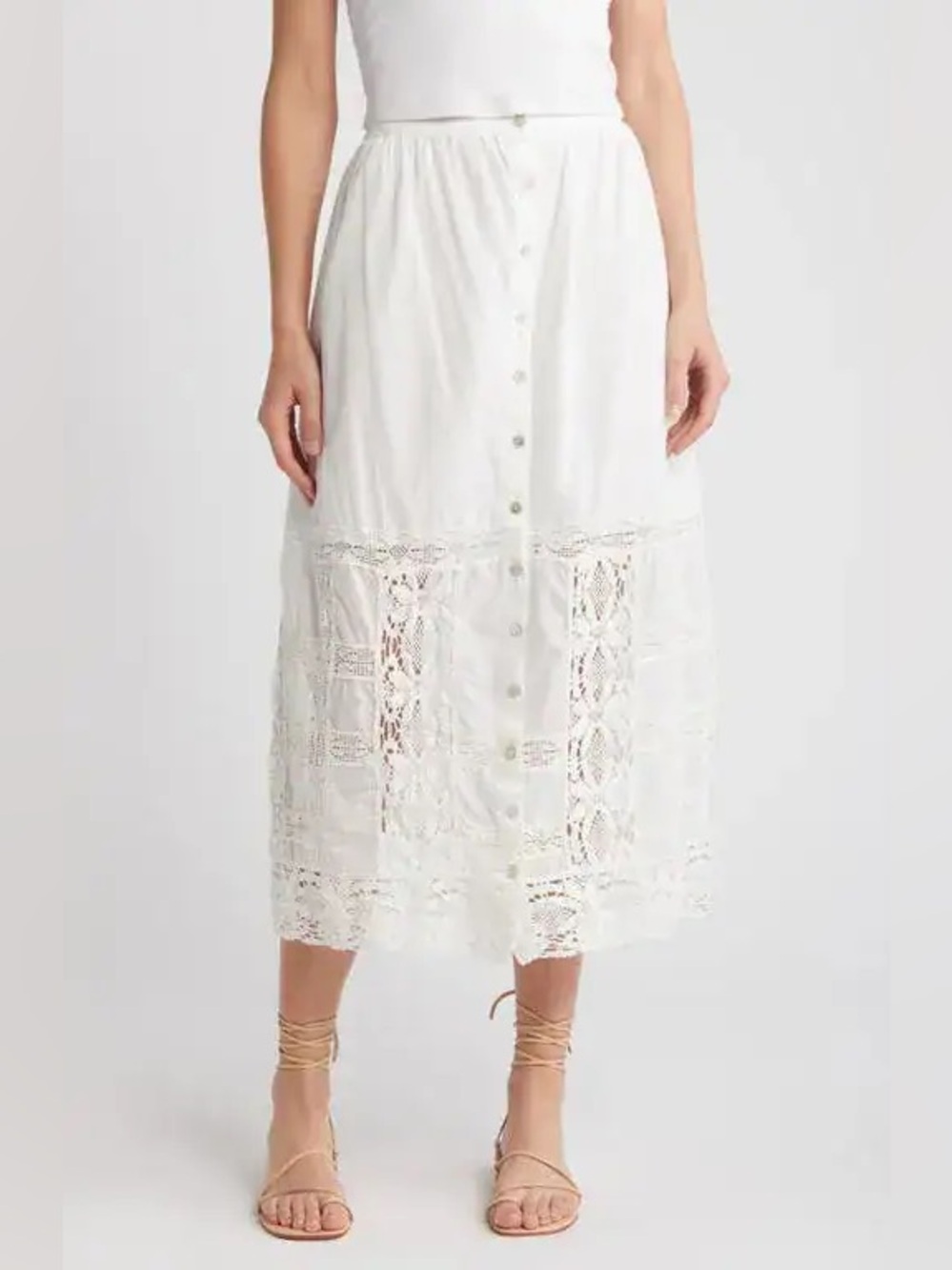 Cleobella Apollonia Ivory Lace-Panel Button Midi Skirt